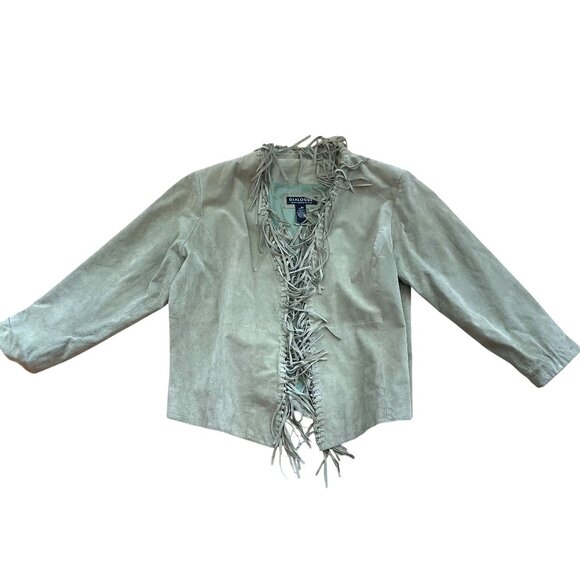 Vintage Dialogue Suede Leather Fringe Open Front Jacket Women's 2X Moss Green - Picture 1 of 8